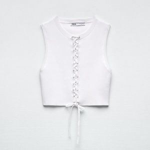 ZARA White Sleeveless Knitted Lace Up Crop lank Top Slim Fit - Size: Medium